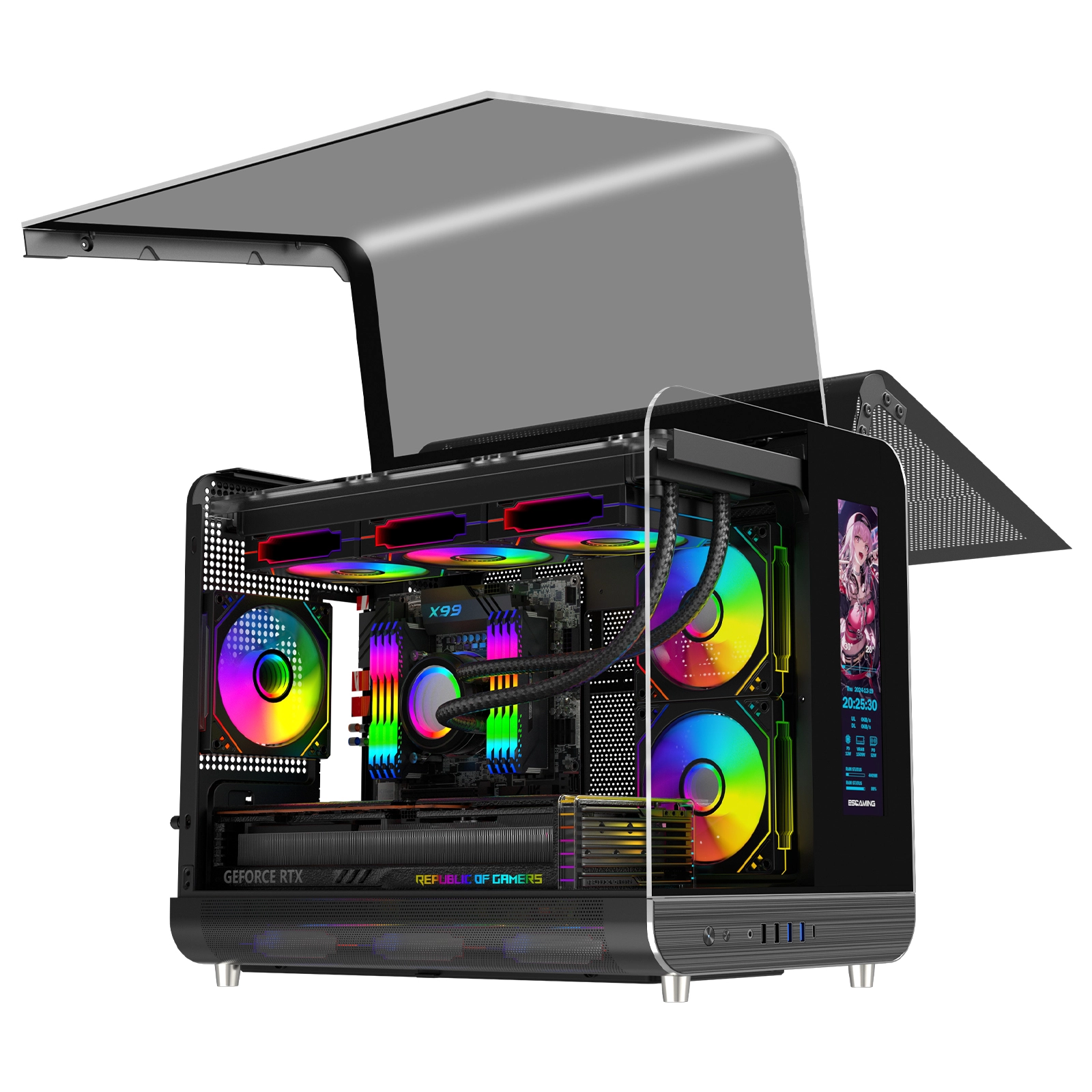Gabinete para PC Gamer Coolzer Full Tempered Glass M-ATX Itx Mid Tower com tela LCD e suporte para display de pixel, cooler líquido 1