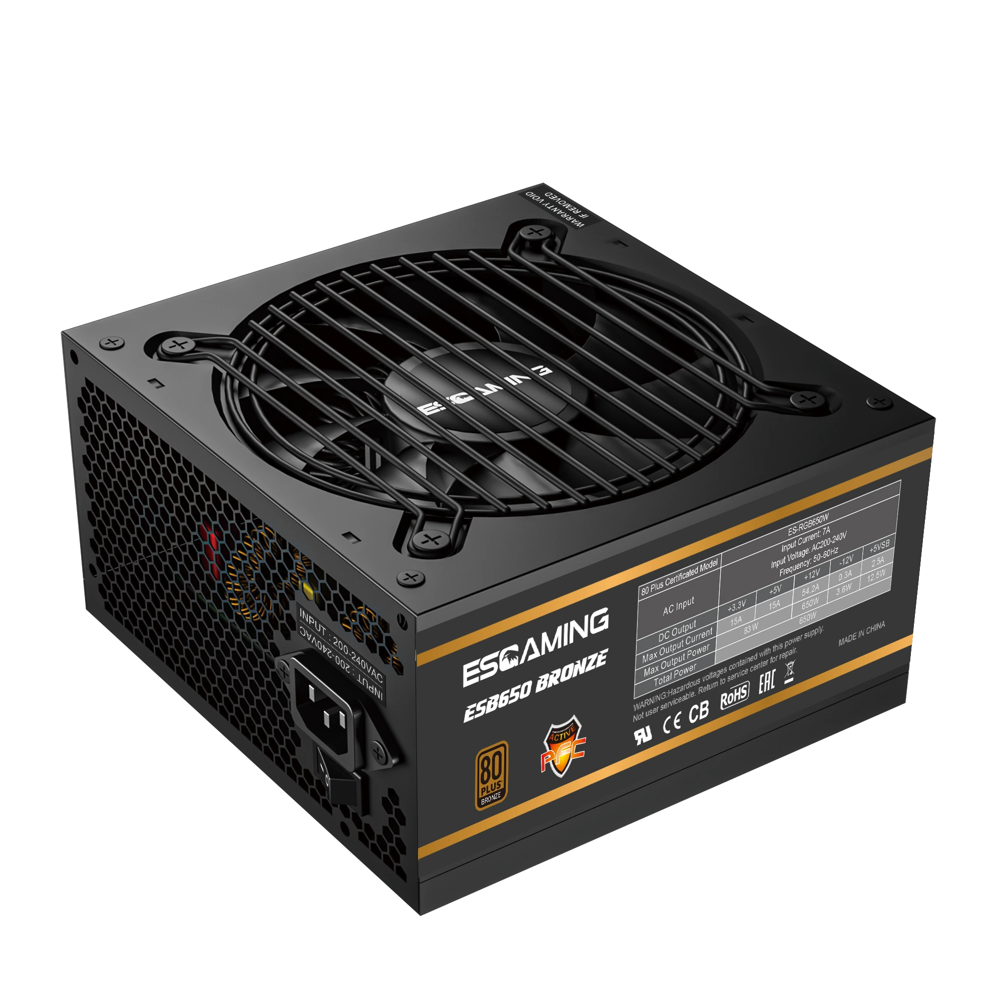 ESGAMING 650W hoogwaardige, volledig functionele desktop-pc-voeding met 85% rendement en 80+ bronzen certificering ESB650W BRONZE 1